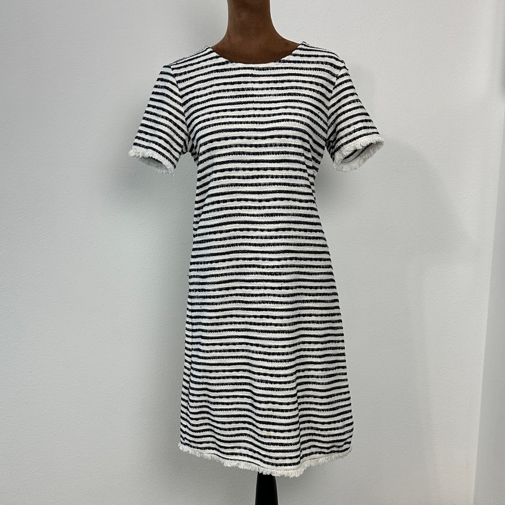 Saks Fifth Avenue Striped Tweed‎ Sheath Dress Womens XS Navy White Excellent